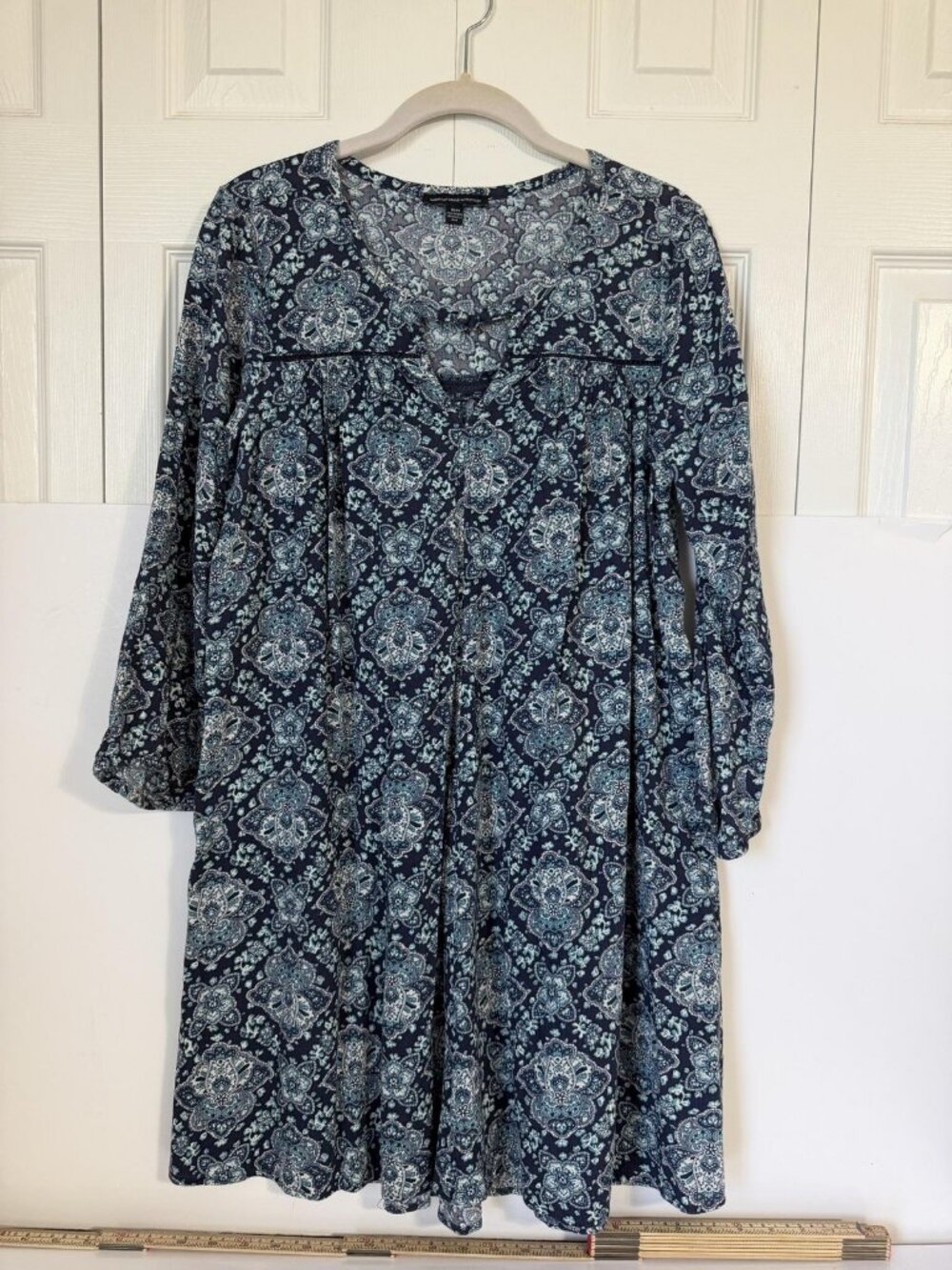 American Eagle Outfitters Dress Womens M Blue Paisley 3/4 Sleeve Boho Swing